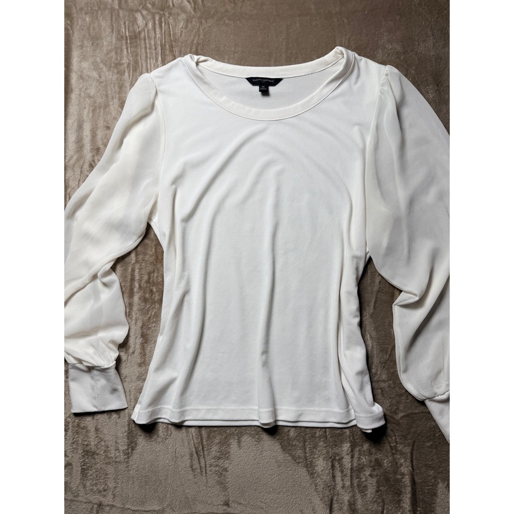 Banana Republic Women Cream Sheer Chiffon Puff Sleeve Crepe Top Medium Romantic